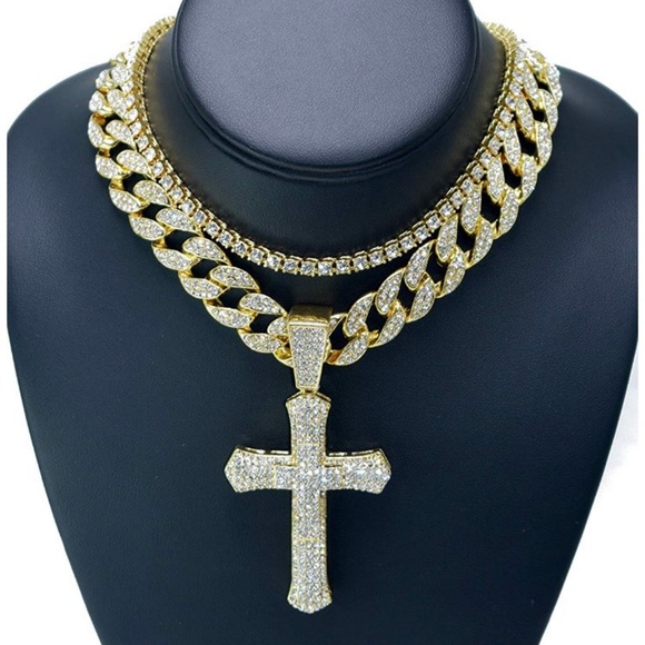 Iced Out Cross Pendant & 18" Choker Necklace Set - Picture 2 of 3